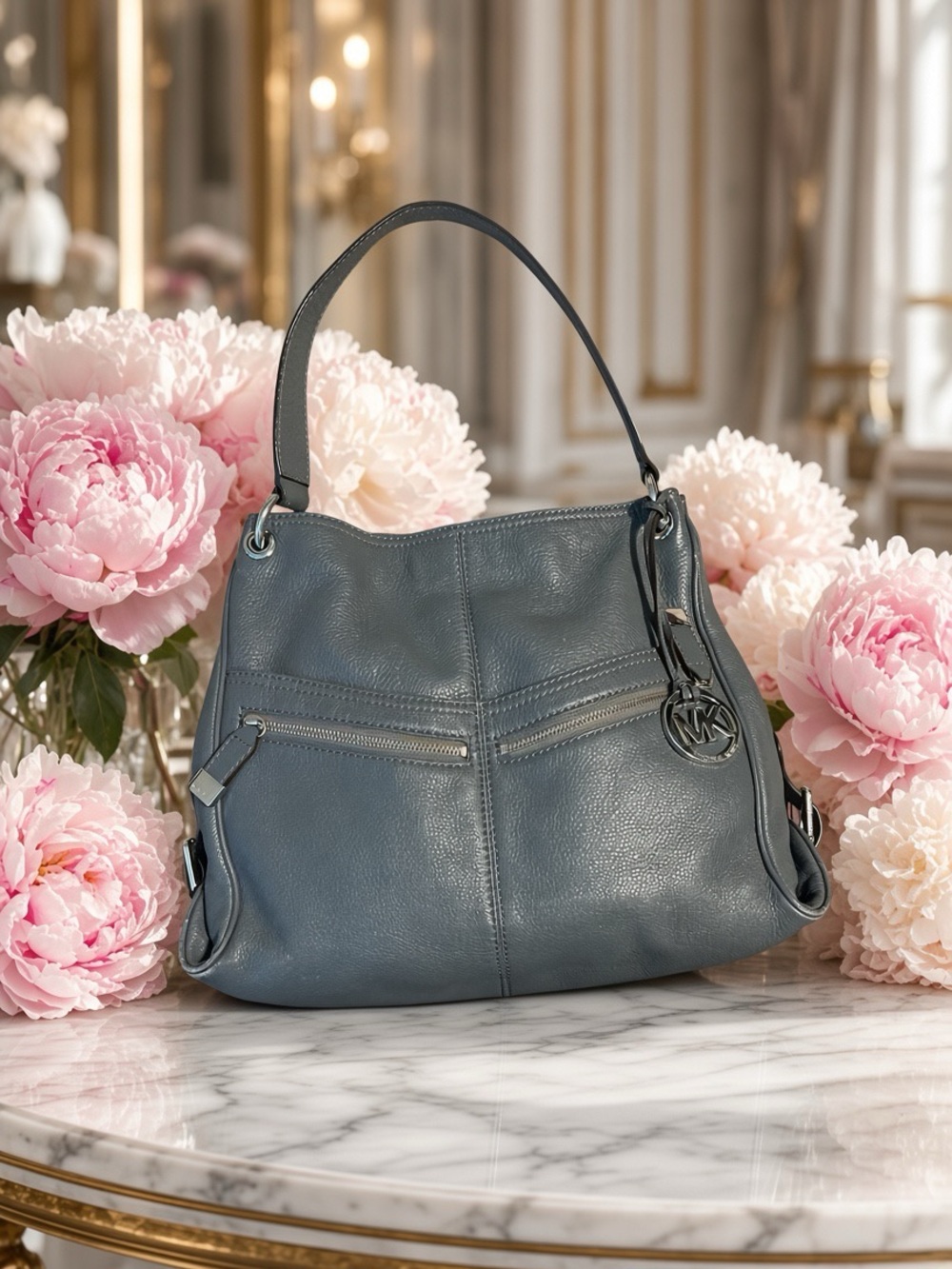 Michael Kors Pebbled Leather Hobo Bag in Slate Blue